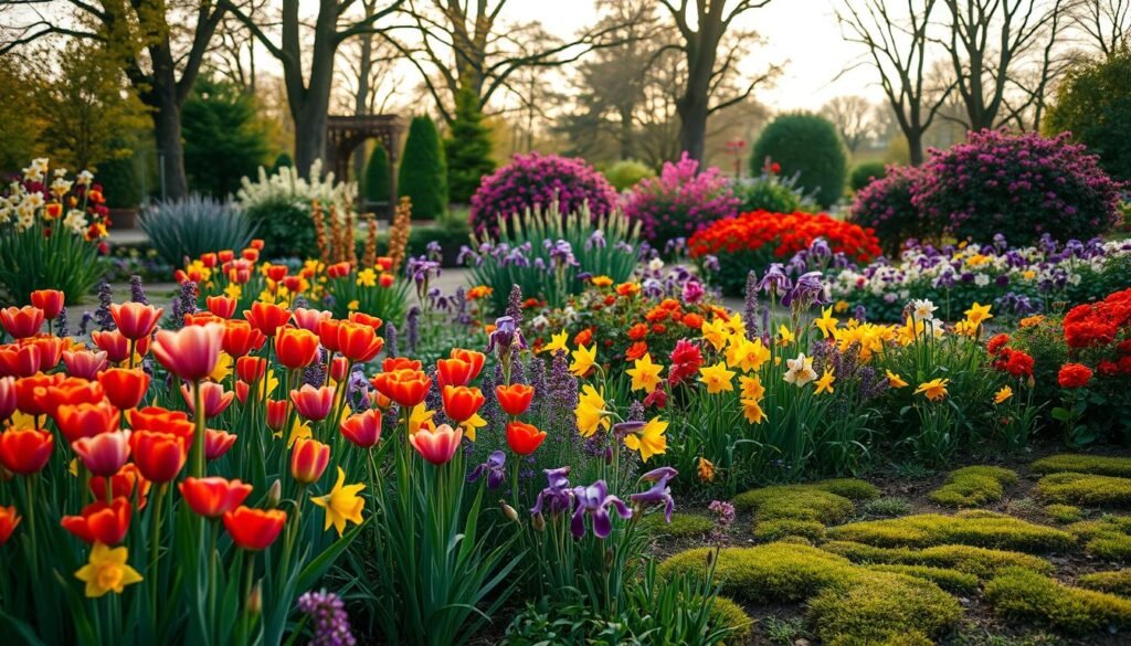 A lush, vibrant garden in soft, warm lighting, showcasing a diverse array of blooming perennial plants. In the foreground, a riot of color from vibrant tulips, daffodils, and irises in full bloom. The middle ground features a mix of flowering shrubs, such as fragrant lilacs and rhododendrons, as well as low-growing ground covers like creeping thyme and moss. In the background, a natural backdrop of towering trees and a dappled sky, creating a serene, bucolic atmosphere. The composition emphasizes the beauty and harmony of a well-designed, sustainable garden.