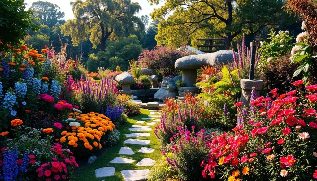 A lush, vibrant garden oasis, bursting with a diverse array of colorful flora and whimsical landscaping. In the foreground, a winding stone path leads the eye through an enchanting display of blooming perennials, their petals softly illuminated by the warm, golden glow of afternoon sunlight. Meandering through the middle ground, a serene koi pond reflects the verdant foliage and delicate blossoms surrounding it. In the background, a canopy of mature trees casts a gentle, dappled shade, creating an atmosphere of peaceful tranquility. The overall scene conveys a sense of harmony, inspiration, and the beauty that can be achieved through thoughtful garden design.