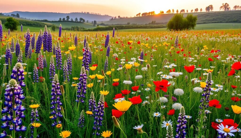 A lush, vibrant meadow filled with a stunning array of wildflowers in full bloom. The foreground is awash with vibrant hues - delicate purple lupins, cheerful yellow buttercups, and crimson poppies sway gently in a soft breeze. In the middle ground, clusters of daisies, cornflowers, and Queen Anne's lace create a captivating tapestry of color. The background features rolling hills dotted with wispy trees, bathed in the warm glow of a golden hour sunset. The scene exudes a sense of natural harmony and effortless beauty, inviting the viewer to immerse themselves in this enchanting wildflower oasis.