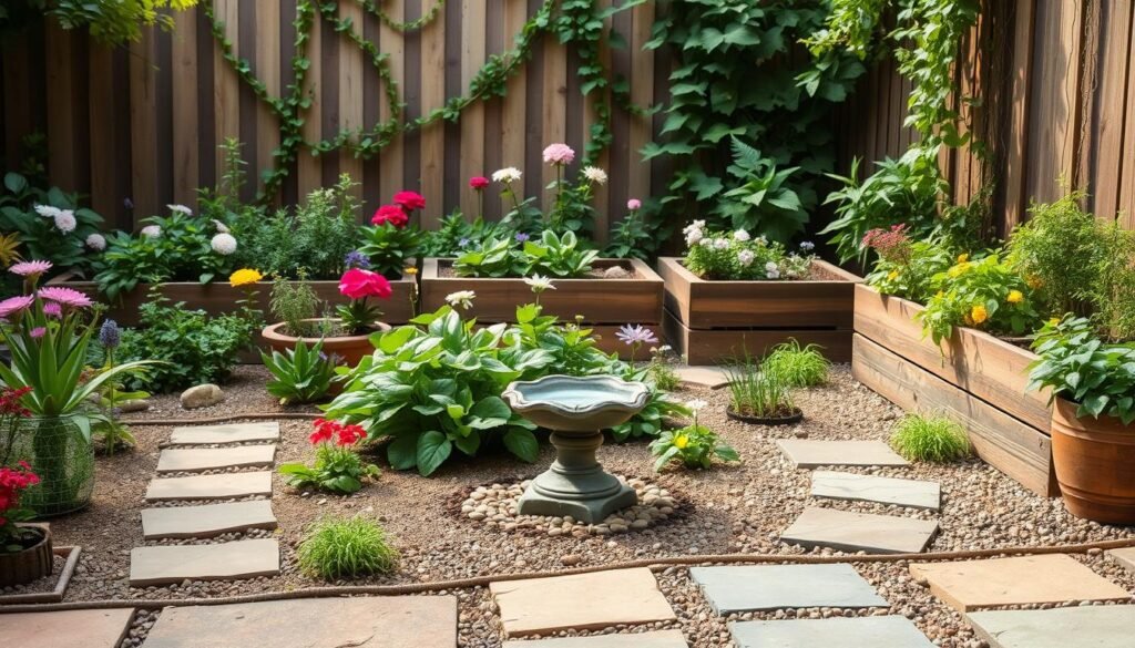 A lush, well-curated small garden showcasing a variety of natural materials. In the foreground, a mix of paving stones, gravel, and stepping stones lead to a focal point, such as a birdbath or a miniature water feature. In the middle ground, raised garden beds and planter boxes display a vibrant selection of flowering plants and herbs. The background features a wooden fence or trellis, partially obscured by trailing vines and climbing plants, creating a sense of depth and enclosure. The lighting is soft and diffused, emphasizing the textures and colors of the natural elements. The overall composition evokes a harmonious, tranquil atmosphere, inspiring ideas for designing an organized, visually appealing small garden space.