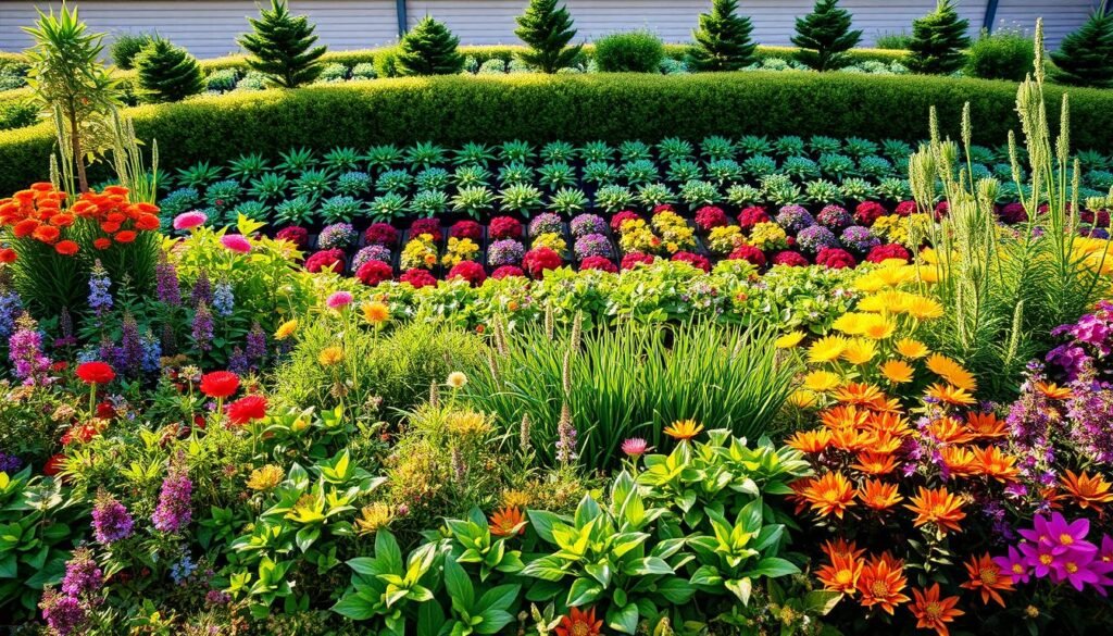 A lush, well-designed garden bed with a variety of colorful, low-maintenance plants. The foreground features a mix of vibrant flowering perennials and leafy ground cover, cascading gracefully over the edges. The middle ground showcases neatly arranged rows of compact, easy-to-grow annuals in harmonious colors. In the background, a subtly sculpted berm with strategically placed shrubs and small trees provides depth and texture, all bathed in warm, natural lighting that casts gentle shadows. The overall composition exudes an atmosphere of effortless beauty and affordability, perfectly capturing the essence of "Beete kostengünstig gestalten".
