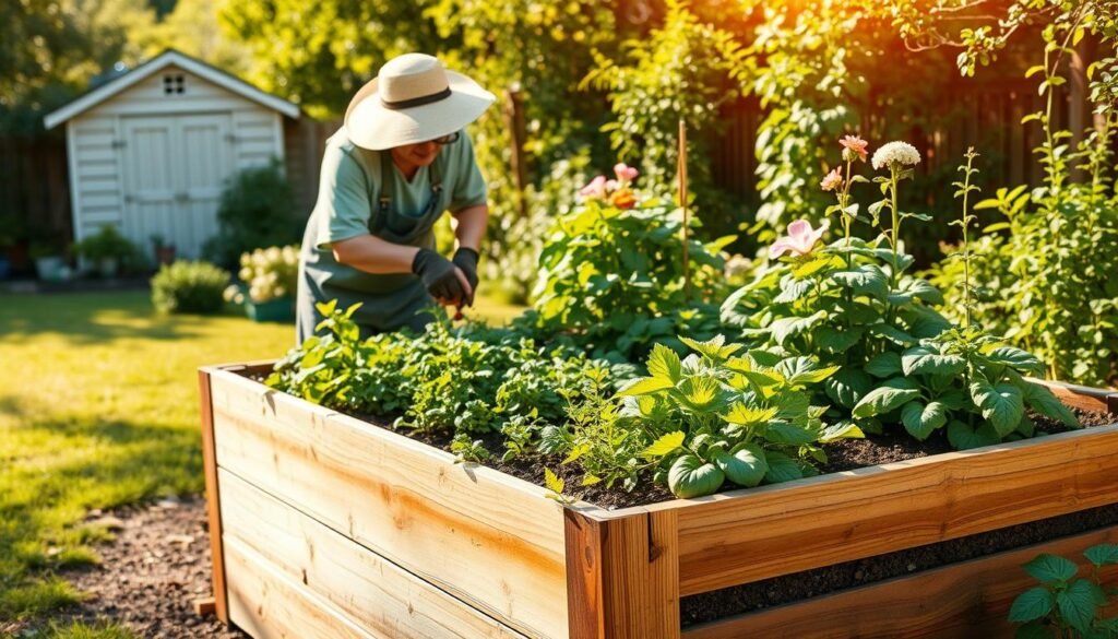 A lush, well-maintained raised garden bed stands in a sun-dappled backyard. The wooden frame is adorned with verdant foliage, vibrant vegetables, and delicate flowers. A gardener, dressed in a wide-brimmed hat and sturdy work gloves, carefully tends to the soil, pulling weeds and adding nutrient-rich compost. Warm, golden light filters through the leaves, casting a gentle glow over the scene. The bed's layers are clearly visible, showcasing the proper soil preparation and strategic planting. In the background, a picturesque garden shed and thriving greenery complete the idyllic, productive setting. This image captures the essence of diligent, rewarding raised bed gardening.