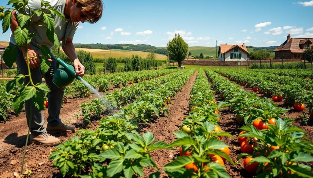 A lush, well-maintained vegetable garden on a sunny day. In the foreground, a person in casual attire carefully waters a row of healthy tomato plants, their focused gaze studying the soil and foliage. The middle ground shows the overall layout of the garden, with neatly arranged rows of thriving tomato plants, their leaves glistening with moisture. In the background, a quaint rural setting with rolling hills, a traditional farmhouse, and a clear blue sky, creating a sense of tranquility and abundance. The lighting is soft and diffused, casting gentle shadows and highlighting the vibrant colors of the garden. The camera angle is slightly elevated, providing a comprehensive view of the scene and emphasizing the importance of proper watering techniques for successful tomato cultivation.