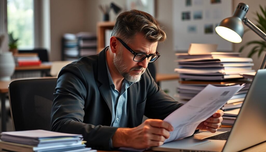 A meticulous accountant meticulously examining expense reports, his brow furrowed in concentration as he scans through columns of numbers. The office surrounds him, a blend of modern ergonomic furniture and the warm glow of a desk lamp. Stacks of files and a sleek laptop create a sense of order and control, reflecting the careful cost management being undertaken. The scene conveys a mood of diligence and attention to detail, perfectly suited to illustrate the "Kostenkontrolle" section of the garden planning article.