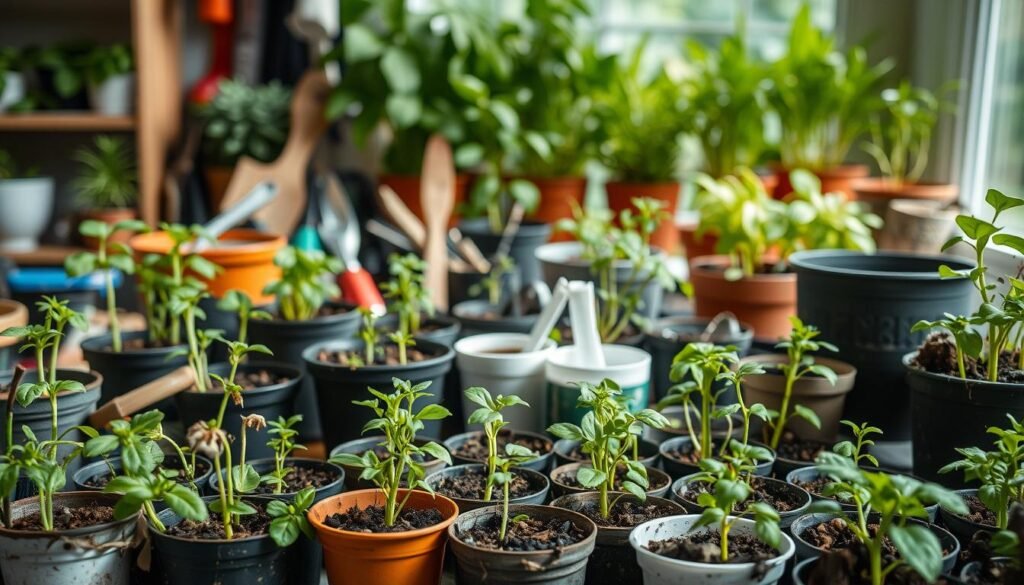 A meticulously crafted still life image showcasing common mistakes in plant cultivation. In the foreground, a collection of potted seedlings and young plants, some wilting or discolored, exhibit signs of over/underwatering, improper light exposure, and pest infestation. The middle ground features a variety of gardening tools and supplies, hints of an organized but overwhelmed workspace. In the background, a lush, verdant indoor garden scene provides a contrast, hinting at the potential for successful growth when the right techniques are applied. The lighting is soft and natural, capturing the nuanced details of the plants and their environment. The overall atmosphere conveys a sense of education and guidance, empowering the viewer to learn from these common mistakes and improve their own plant cultivation practices.