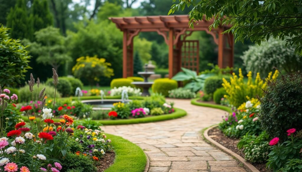 A meticulously planned garden path winds through a lush, verdant landscape. In the foreground, carefully curated garden beds brim with vibrant flowers and shrubs, their colors and textures creating a harmonious tapestry. The middle ground features a tranquil water feature, its gentle sounds providing a soothing ambiance. In the background, a stately wooden pergola stands, its intricate lattice casting delicate shadows across the scene. The lighting is soft and diffused, lending a serene, dreamlike quality to the overall composition. The perspective is slightly elevated, allowing the viewer to take in the thoughtful organization of the various garden zones and pathways. This image captures the essence of thoughtful garden design, with every element seamlessly integrated to create a cohesive and visually captivating outdoor haven.