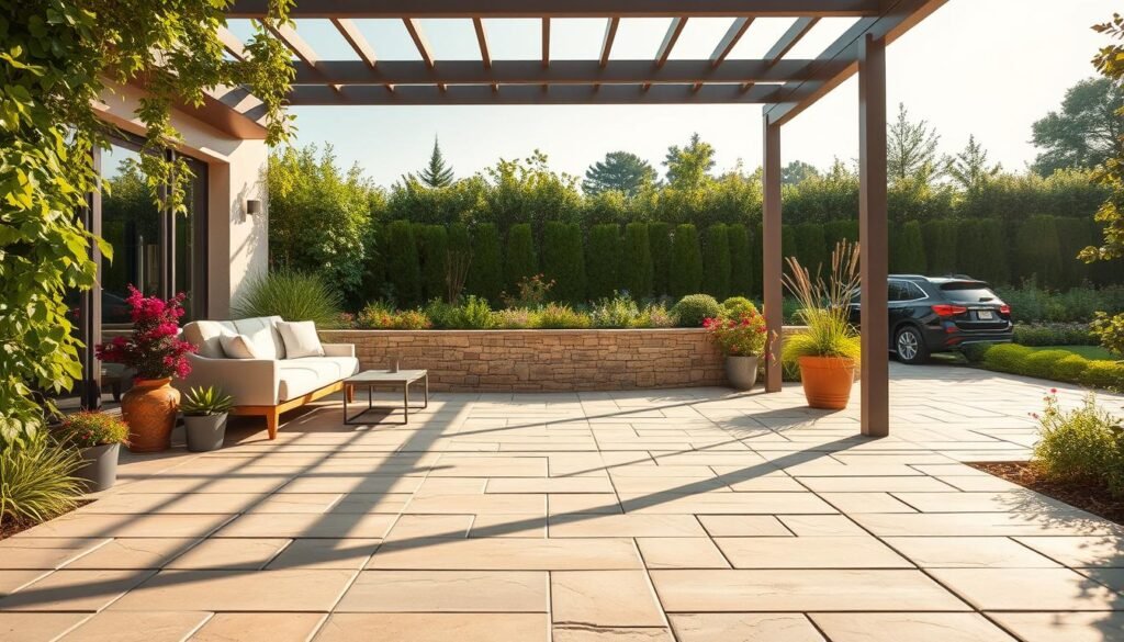 A meticulously planned outdoor terrace, bathed in warm afternoon sunlight. In the foreground, smooth natural stone pavers form a cohesive geometric pattern, leading the eye towards a central seating area with plush, inviting furniture. Vibrant potted plants and verdant trailing vines add pops of color and softness, framing the scene. The middle ground features a low wall of weathered natural stone, serving as both a functional and decorative element. Beyond, a lush, manicured garden with neatly trimmed hedges and flourishing flower beds creates a serene, harmonious backdrop. Overhead, a sleek, minimalist pergola casts gentle shadows, contributing to the tranquil, cohesive atmosphere. The entire composition exudes a sense of thoughtful, elegant outdoor living.