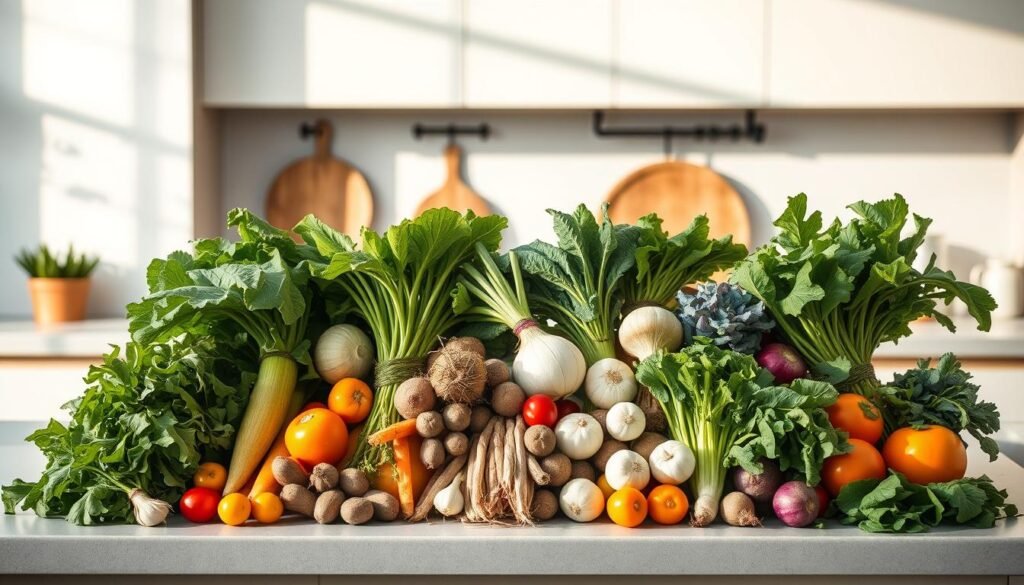 A modern kitchen countertop displaying an artful arrangement of freshly harvested seasonal vegetables, meticulously organized in visually appealing patterns. Vibrant hues of leafy greens, earthy roots, and vibrant bulbs creating a captivating still life. The lighting is soft and natural, casting gentle shadows that accentuate the textural details of the produce. The composition is balanced, with the vegetables strategically placed to draw the eye through the frame. The overall atmosphere is one of rustic elegance, celebrating the beauty and versatility of homegrown ingredients in a contemporary domestic setting.