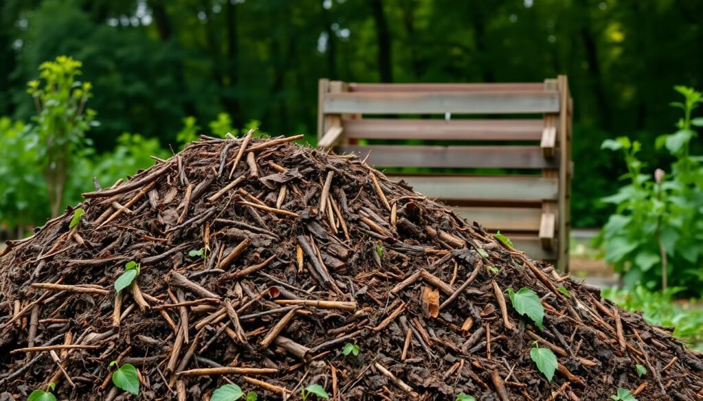 A neatly layered compost pile in a lush garden setting. In the foreground, brown and green organic matter is artfully arranged in alternating strata, creating an inviting textural contrast. Behind it, a wooden compost bin stands, its weathered slats suggesting a well-used but functional design. In the background, a verdant backdrop of trees and foliage provides a natural, serene atmosphere. Soft, diffused lighting casts a warm, earthy glow across the scene, highlighting the richness of the composting materials. The composition is balanced and visually appealing, conveying the idea of a well-maintained, sustainable gardening practice.