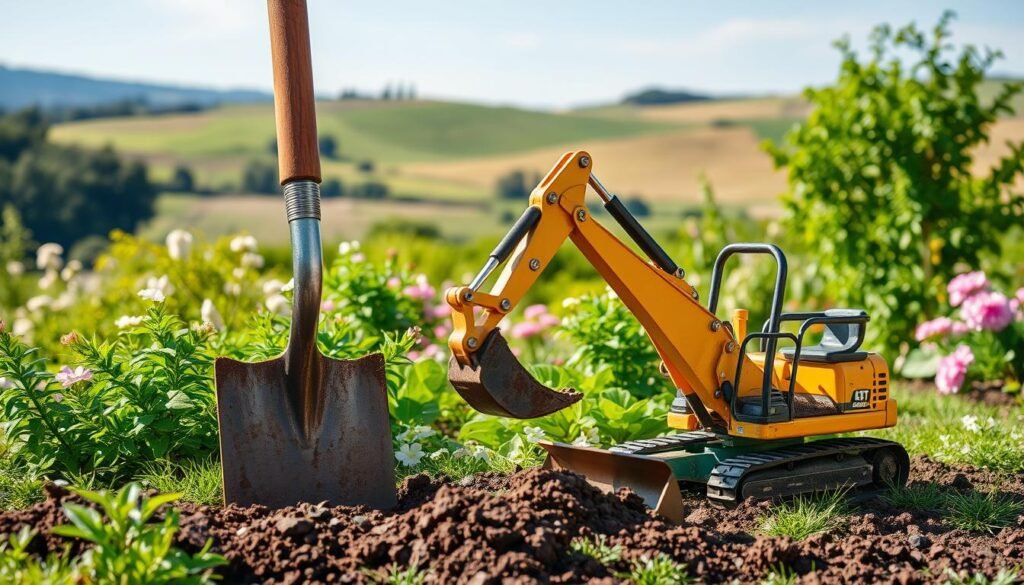 A peaceful garden scene, with a shovel and a small backhoe excavator prominently displayed in the foreground. The tools are positioned side by side, highlighting the contrast between manual and mechanical methods of gardening work. The middle ground features lush greenery, with flowers and shrubs in bloom, hinting at the task of garden preparation. In the background, a serene landscape with rolling hills and a clear sky sets a calm, idyllic tone. The lighting is natural, with soft shadows and highlights accentuating the textures of the tools and foliage. The composition is balanced, guiding the viewer's attention to the central theme of choosing the right gardening equipment.