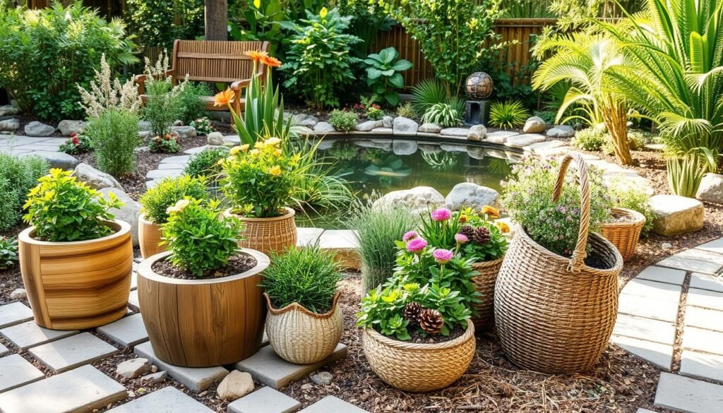 A peaceful, natural outdoor scene showcasing a variety of sustainable garden materials. In the foreground, a selection of hand-crafted wooden planters, stone pavers, and woven baskets filled with lush greenery and flowers. The middle ground features a rustic wooden bench surrounded by a mix of natural elements like river rocks, pinecones, and straw mulch. In the background, a tranquil pond reflects the surrounding foliage, with a bamboo trellis and recycled metal sculpture adding visual interest. The scene is bathed in warm, diffused sunlight, creating a calming, earthy atmosphere that highlights the beauty and versatility of sustainable garden materials.