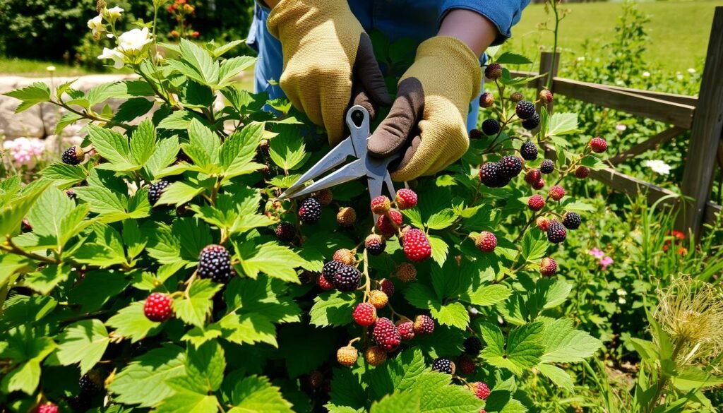 A person carefully trimming and pruning overgrown blackberry bushes in a well-tended garden, sunlight filtering through the leaves and casting soft shadows. The person wears gardening gloves and uses sharp pruning shears to selectively remove old canes, encouraging new growth and a bountiful future harvest. The background features a lush, verdant landscape with other flowering plants and a glimpse of a rustic wooden fence, creating a peaceful, serene atmosphere ideal for cultivating flavorful berries.