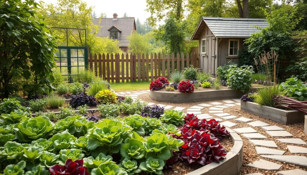 A rustic, meticulously planned vegetable garden (Beetgestaltung) in a classic European country setting. The foreground features neatly arranged raised garden beds with vibrant hues of green, red, and purple vegetables. Winding stone pathways wind through the garden, inviting the viewer to explore. In the middle ground, a picturesque wooden fence frames the scene, while a charming garden shed stands in the background. Soft, natural lighting filters through the surrounding foliage, creating a warm and inviting atmosphere. The overall composition evokes a sense of harmony, productivity, and the beauty of a thoughtfully designed kitchen garden.