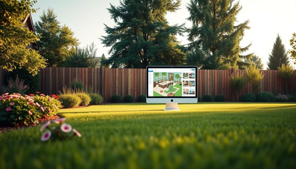 A serene garden scene featuring the 123Gartenplaner software interface. In the foreground, a lush, well-manicured lawn stretches out, dotted with vibrant flowers and verdant shrubs. The middle ground showcases the 123Gartenplaner's intuitive design tool, with a computer monitor displaying the software's user-friendly layout and various customization options. Warm, natural lighting bathes the scene, creating a welcoming and inviting atmosphere. In the background, a wooden fence and a few towering trees frame the tranquil setting, conveying a sense of harmony between technology and nature. The overall composition highlights the seamless integration of the 123Gartenplaner's planning capabilities with the beauty and sustainability of a well-designed garden.