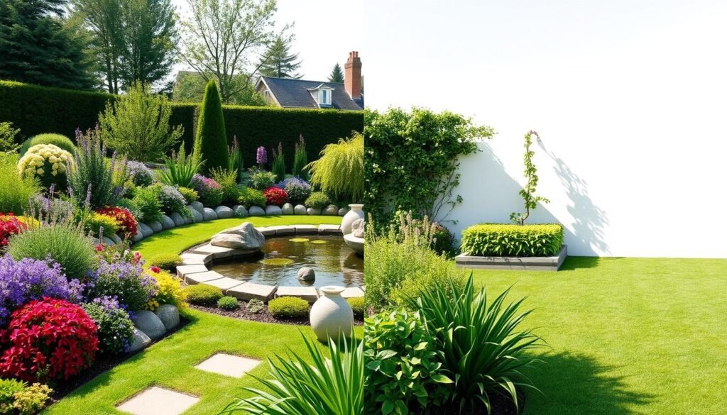 A serene garden setting with two contrasting halves. On the left, a lush, vibrant landscape with an array of plants and flowers, a shimmering pond, and a well-designed layout - a free, feature-rich garden planner in action. On the right, a more sparse, minimalist garden with a few key elements, representing a paid, premium garden planning tool. Soft, natural lighting illuminates the scene, conveying a sense of balance and tranquility. The two halves are divided by a clean, diagonal line, emphasizing the dichotomy between the free and paid options. The overall composition is visually striking, inviting the viewer to consider the tradeoffs between the two garden planning approaches. A serene garden setting with two contrasting halves. On the left, a lush, vibrant landscape with an array of plants and flowers, a shimmering pond, and a well-designed layout - a free, feature-rich garden planner in action. On the right, a more sparse, minimalist garden with a few key elements, representing a paid, premium garden planning tool. Soft, natural lighting illuminates the scene, conveying a sense of balance and tranquility. The two halves are divided by a clean, diagonal line, emphasizing the dichotomy between the free and paid options. The overall composition is visually striking, inviting the viewer to consider the tradeoffs between the two garden planning approaches.