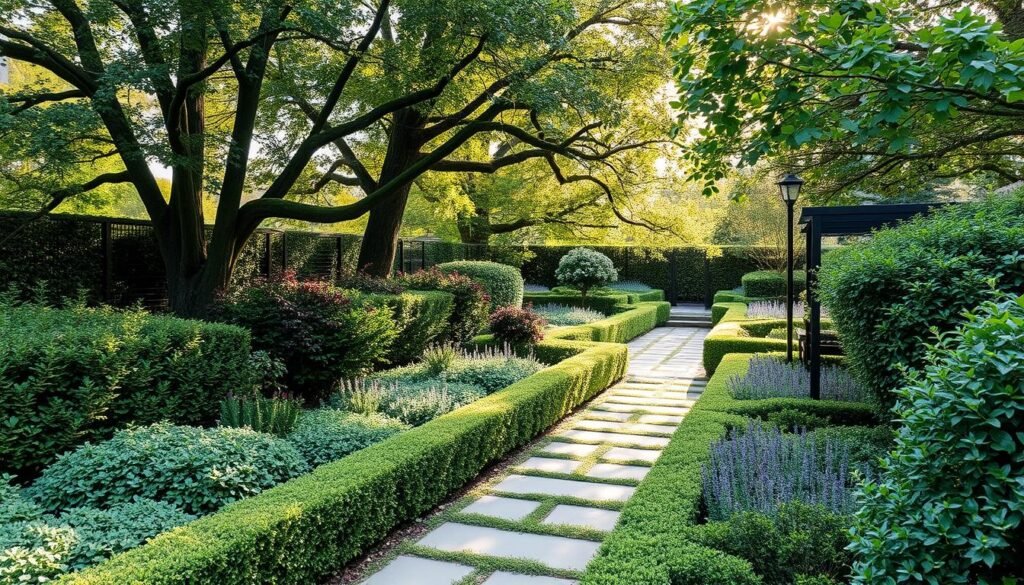 A serene, low-maintenance garden oasis with lush, resilient greenery and minimal upkeep. Vibrant yet understated, this scene showcases a harmonious blend of evergreen shrubs, hardy perennials, and drought-tolerant ground cover. Dappled sunlight filters through a canopy of mature trees, casting a warm, natural glow across the landscape. Smooth paving stones lead the eye through the tranquil setting, framed by neatly trimmed hedges and unobtrusive garden structures. This inviting, effortless design embodies the essence of "pflegeleichte gestaltung" - a beautiful, sustainable outdoor space that thrives with minimal human intervention.