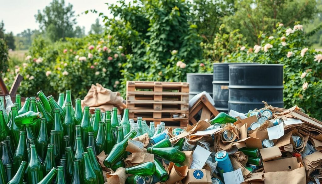 A serene, well-lit image of an assortment of recycling materials arranged in a visually appealing manner. In the foreground, an organized collection of glass bottles, aluminum cans, paper, and cardboard in varying shades of green, blue, and brown. The middle ground features a cluster of wooden pallets and steel drums, suggesting the repurposing of these materials. In the background, a lush, verdant garden setting with blooming plants and a calming, natural atmosphere, hinting at the sustainable, eco-friendly nature of the scene. The lighting is soft and diffused, creating a warm, inviting ambiance that highlights the textures and colors of the recycling materials. The overall composition conveys a sense of harmony between nature and sustainable practices.