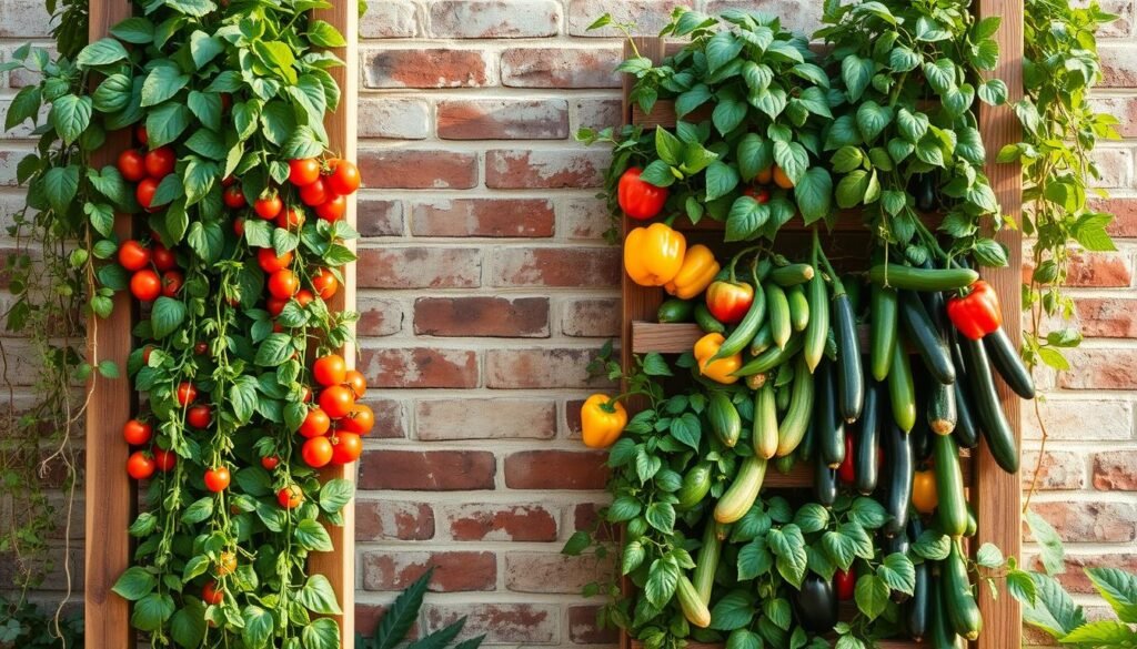 A step-by-step guide to a lush, vertical vegetable garden. In the foreground, a wooden frame supports a cascading array of leafy greens, tomato vines, and trailing herbs. The middle ground features a tiered planter system, each level brimming with colorful bell peppers, zucchini, and eggplants. In the background, a weathered brick wall provides a rustic backdrop, bathed in soft, natural lighting. The overall composition conveys a sense of abundance, productivity, and a harmonious integration of nature within an urban environment.