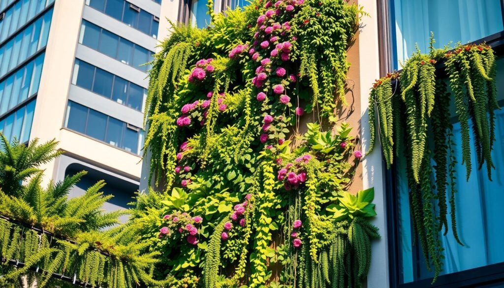 A stunning vertical garden adorns the side of a modern urban building, its lush greenery cascading down the walls in a visually striking display. Carefully curated plants, including vibrant flowering vines and trailing succulents, create a captivating and harmonious composition. Warm, natural light bathes the scene, casting gentle shadows that accentuate the textures and depth of the verdant foliage. The image conveys a sense of tranquility and environmental consciousness, showcasing the beauty and practicality of incorporating vertical garden solutions into limited urban spaces. The overall mood is one of serene, harmonious integration of nature and modern architecture.