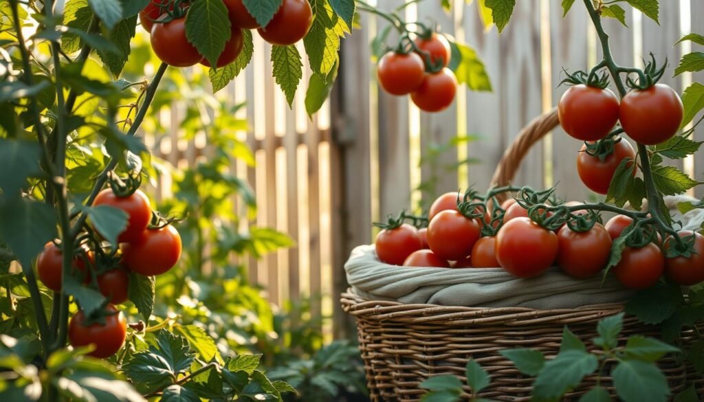 A sun-dappled vegetable garden, showcasing a bountiful harvest of ripe, juicy tomatoes. The foreground features several tomato plants, their vines heavy with clusters of crimson-hued fruits, ready to be plucked. The middle ground reveals a wicker basket, its interior lined with soft fabric, waiting to receive the freshly picked tomatoes. In the background, a weathered wooden fence stands, framing the scene and providing a sense of rustic charm. Soft, warm lighting filters through the leaves, casting a gentle glow over the entire composition. The overall atmosphere conveys a sense of abundance, tranquility, and the joyful anticipation of the tomato harvest.