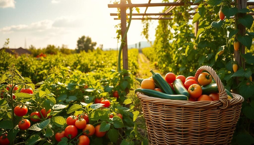 A sun-drenched vegetable garden in the height of summer. Lush rows of thriving plants - tomatoes, zucchini, peppers, and herbs - sway gently in a warm breeze. Ripe produce in vibrant hues of red, green, and yellow dot the scene, ready to be harvested. In the foreground, a wicker basket overflows with freshly picked veggies, their earthy scent filling the air. Overhead, a cloudless sky bathes the garden in golden light, casting long shadows that add depth and texture. Amidst it all, a weathered wooden trellis supports climbing vines, creating a sense of rustic charm. This productive, well-tended plot is the heart of the thriving summer vegetable garden.