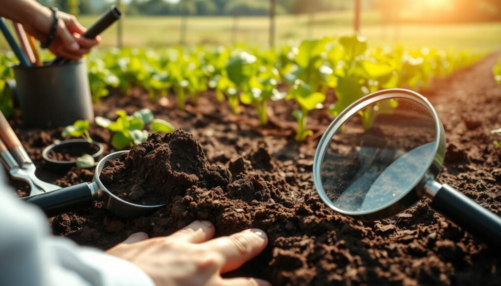 A sunlit garden scene, the soil underfoot meticulously analyzed. In the foreground, a soil sample is carefully examined, revealing its composition, texture, and nutrient levels. Surrounding the analysis, gardening tools and magnifying glasses create an atmosphere of scientific inquiry. In the middle ground, rows of healthy produce plants sway gently in a light breeze, their lush foliage a testament to the garden's fertile soil. In the background, a verdant landscape frames the scene, hinting at the broader context of this soil study. Soft, diffused lighting casts a warm, welcoming glow, inviting the viewer to participate in this process of understanding the garden's foundation. A sense of discovery and anticipation permeates the image, signaling the crucial first step towards bountiful harvest.