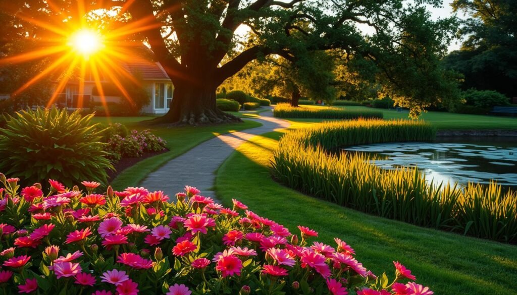 A tranquil garden landscape bathed in the warm, golden glow of the setting sun. The foreground features a lush bed of vibrant flowers, their petals catching the soft light. In the middle ground, a path winds through verdant foliage, leading the eye towards a stately tree casting long shadows across the scene. The background reveals a serene pond, its still waters reflecting the changing sky. The overall atmosphere is one of peaceful contemplation, inviting the viewer to immerse themselves in the natural beauty of this well-designed garden. The lighting and composition highlight the harmonious interplay of light, plants, and landscape elements - a quintessential example of the role these factors play in creating a sustainable, visually striking outdoor space.