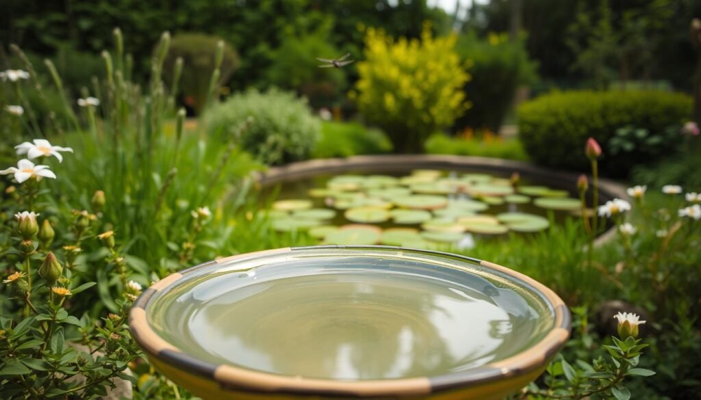 A tranquil garden scene featuring various water sources for insects. In the foreground, a shallow bird bath filled with clean, glistening water, surrounded by lush greenery and small flowering plants. In the middle ground, a small yet vibrant pond, its surface dotted with lily pads and the occasional dragonfly hovering above. The background depicts a backdrop of verdant trees and bushes, creating a serene and welcoming environment. The lighting is soft and diffused, casting a warm, golden glow over the scene. The composition is balanced, with the water features taking center stage, inviting the viewer to imagine the diverse insect life thriving in this nurturing habitat.