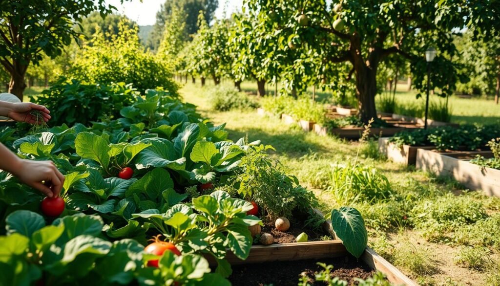 A verdant, sun-dappled garden scene depicting sustainable harvest methods. In the foreground, a person carefully plucks ripe vegetables from raised garden beds, their movements graceful and purposeful. The middle ground showcases a variety of thriving plants - leafy greens, vibrant root vegetables, and delicate herbs - all grown using organic, low-impact techniques. In the background, a lush orchard laden with fruit-bearing trees provides a natural, bountiful backdrop. The lighting is soft and diffused, creating a serene, earthly atmosphere. The overall composition emphasizes the harmony between human stewardship and the generative power of nature, capturing the essence of sustainable, regenerative agriculture.