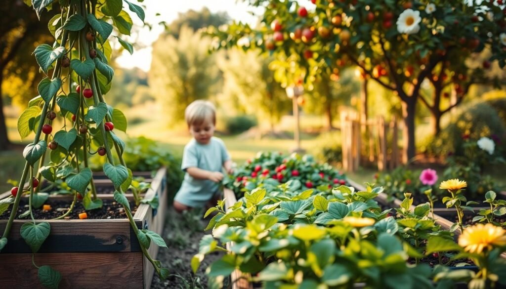A vibrant and whimsical scene of creative garden projects for children. In the foreground, a vibrant green bean teepee, its vines trailing playfully. Beside it, a raised planter box overflowing with lush, colorful vegetables and berries, ready for young hands to pick and taste. The middle ground features a small child, their face alight with wonder, carefully tending to their plant friends. In the background, a bountiful orchard with fruit trees and flowering plants, bathed in a warm, golden light. The mood is one of joy, discovery, and a deep connection to the natural world. Soft, diffused lighting casts a dreamy, enchanting atmosphere, captured through a wide-angle lens that invites the viewer to step into this enchanting garden oasis.