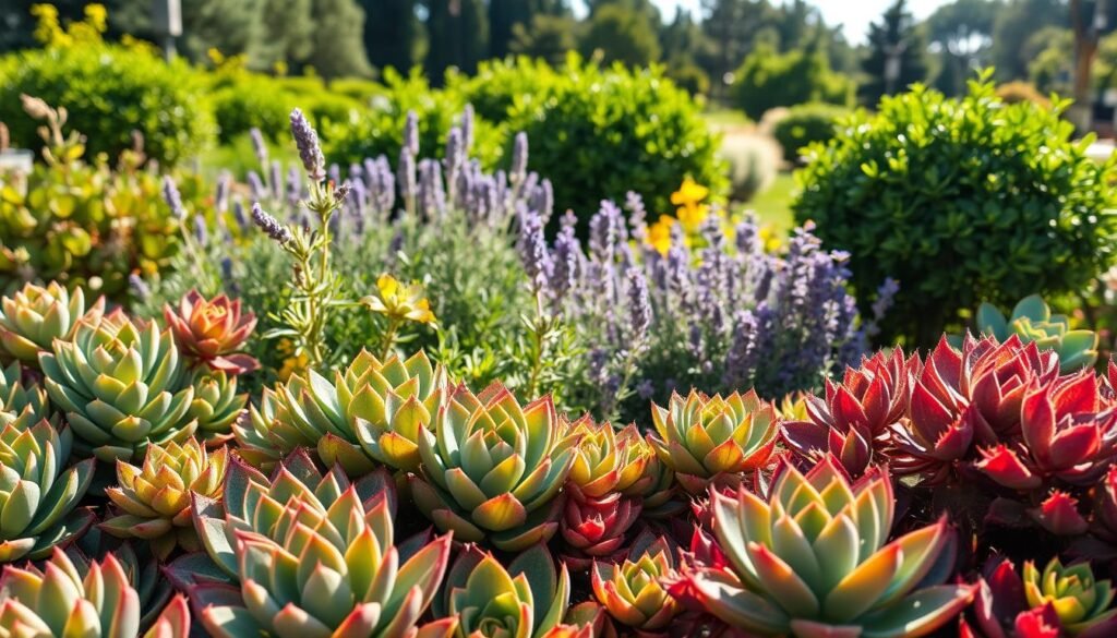 A vibrant garden bursting with resilient, low-maintenance plants for beginner gardeners. In the foreground, a lush arrangement of robust succulents in varying shades of green and purple, their fleshy leaves glistening under the warm, natural lighting. In the middle ground, a mix of hardy perennials like lavender, rosemary, and thyme, their aromatic foliage complementing the succulents. The background features a tranquil, sun-dappled scene of verdant, easy-care shrubs and trees, creating a serene, inviting atmosphere. The overall composition conveys a sense of simplicity, practicality, and the joy of nurturing a thriving garden, even for those new to horticulture.