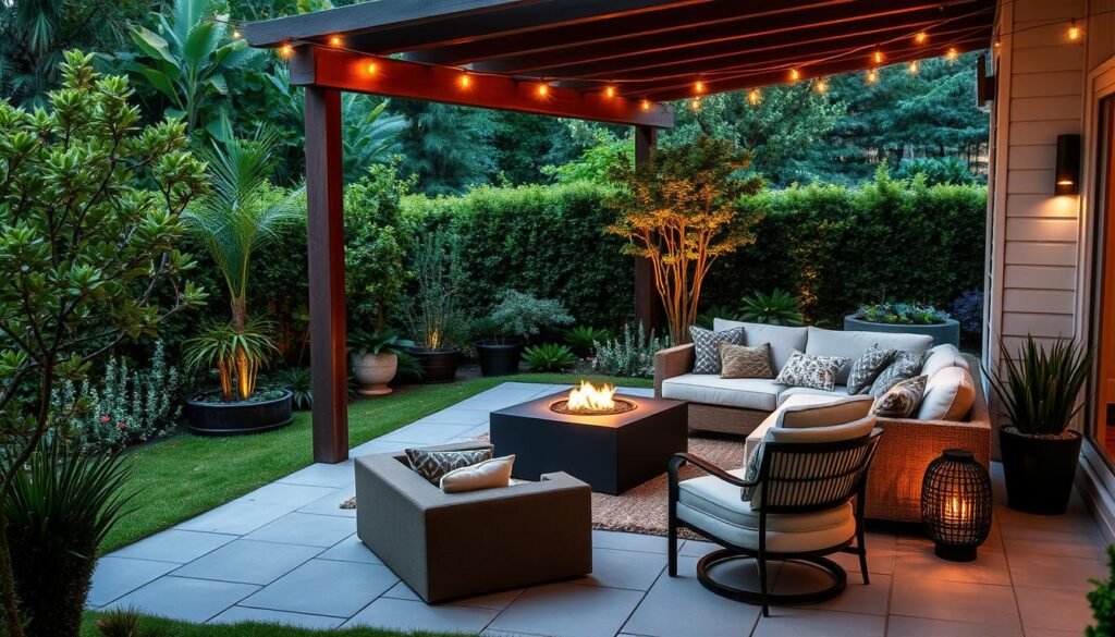 A well-designed terrace with a cozy outdoor living area, positioned in a lush garden setting. The terrace is adorned with comfortable lounge furniture, such as a plush sectional sofa and armchairs, arranged around a modern fire pit or coffee table. Warm lighting, perhaps from overhead string lights or discreet path lighting, creates a inviting ambiance. The surrounding greenery, including potted plants and small trees, provides a natural backdrop, blending the indoor and outdoor spaces. The overall scene conveys a sense of relaxation and the extension of the home's living space into the beautiful outdoor environment.