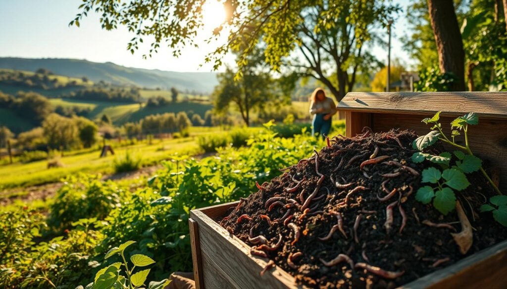 A well-lit garden scene showcasing the process of composting and natural fertilization. In the foreground, a wooden compost bin filled with organic matter and earthworms, surrounded by lush greenery. In the middle ground, a gardener tending to a thriving vegetable patch, using the nutrient-rich compost to nourish the soil. The background features a verdant landscape with rolling hills, a clear blue sky, and the warm glow of the sun filtering through the branches of nearby trees. The overall atmosphere conveys a sense of harmony, sustainability, and the beauty of natural cycles.