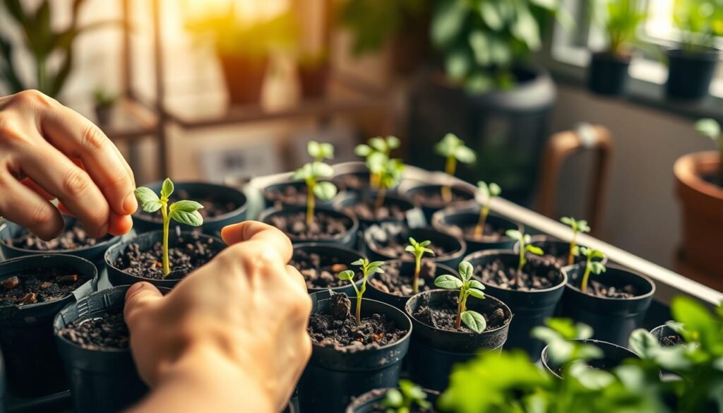 A well-lit indoor scene showcasing a step-by-step process of growing plants from seedlings. In the foreground, a gardener's hands gently placing seedlings into individual pots filled with nutrient-rich soil. The middle ground features a table or shelving unit displaying several small pots in various stages of growth, with some seedlings just sprouting and others developing their first set of leaves. The background is softly blurred, creating a sense of focus on the hands-on gardening process. Warm, natural lighting casts a gentle glow over the scene, highlighting the vibrant greens of the young plants. The overall mood is one of care, patience, and the joy of nurturing new life.