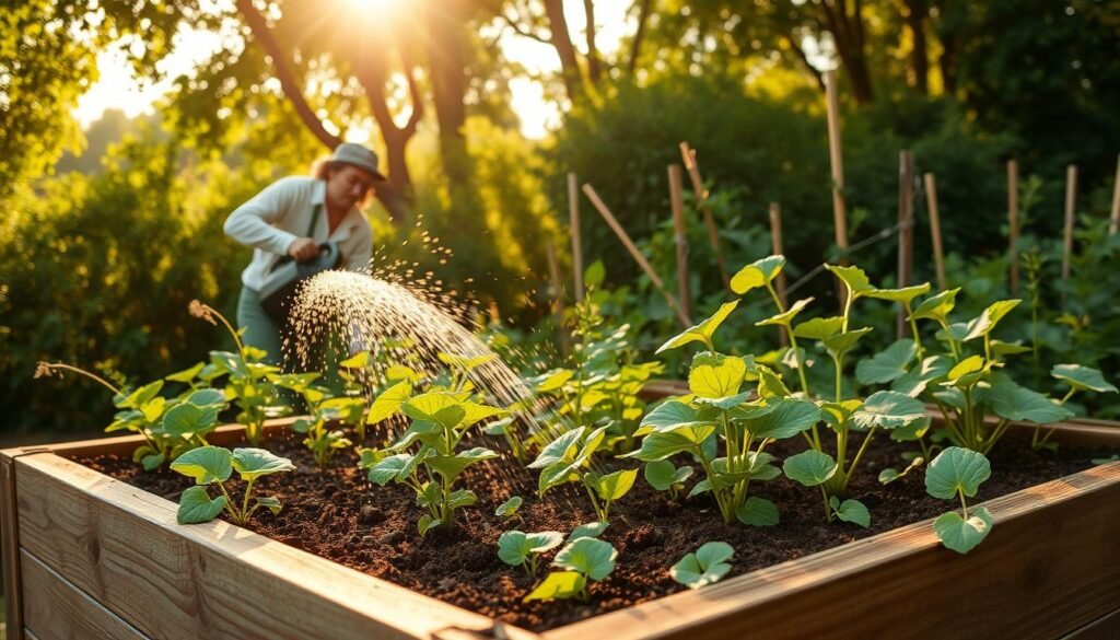 A well-tended raised garden bed, surrounded by lush greenery. In the foreground, a gardener lovingly waters the soil, ensuring even moisture distribution. Healthy plants sway gently in a soft breeze, basking in the warm, golden sunlight that filters through the canopy of trees overhead. The scene exudes a sense of tranquility and a deep connection to the natural world. The raised bed's sturdy wooden construction blends seamlessly with the earthy tones of the soil and the vibrant hues of the thriving vegetation. A sense of order and harmony permeates the image, reflecting the careful maintenance and nurturing required to create a thriving, productive garden.