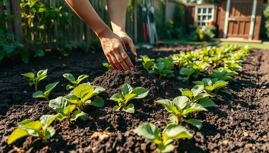 A well-tended vegetable garden, the soil dark and rich with freshly spread compost. A gardener, hands calloused yet gentle, carefully incorporates the nourishing organic matter into the earth, creating a lush, fertile bed for bountiful crops. The midday sun casts a warm glow, highlighting the vibrant greens of leaves and the earthy tones of the compost. In the background, a neatly organized tool shed stands ready, a testament to the gardener's dedication to sustainable, low-impact practices. The scene exudes a sense of harmony, where nature and human stewardship coexist in perfect balance.