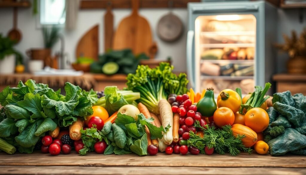 A winter garden with freshly frozen vegetables neatly arranged on a wooden table. The foreground showcases an assortment of colorful produce - vibrant leafy greens, crisp root vegetables, and plump berries - all arranged in a visually appealing display. Soft, warm lighting casts a cozy glow, highlighting the natural textures and details. In the middle ground, a glass-fronted freezer stands open, revealing more frozen goods in the chilly interior. The background features a simple, rustic kitchen with earthy tones and natural elements, conveying a sense of homey practicality. The overall scene evokes a feeling of abundance, self-sufficiency, and the preservation of seasonal bounty for later use.