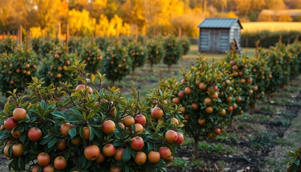 An autumnal orchard bathed in warm, golden light, showcasing a bountiful harvest of miniature fruit trees. In the foreground, a cluster of petite apple, pear, and plum trees laden with ripe, glistening produce, their vibrant colors contrasting against the lush foliage. The middle ground reveals a panoramic view of the well-tended garden, with carefully pruned trees and meticulously groomed beds. In the background, a rustic wooden shed stands, hinting at the care and effort put into cultivating this bountiful mini-orchard. The scene exudes a sense of tranquility and abundance, capturing the essence of a successful small-scale fruit production.