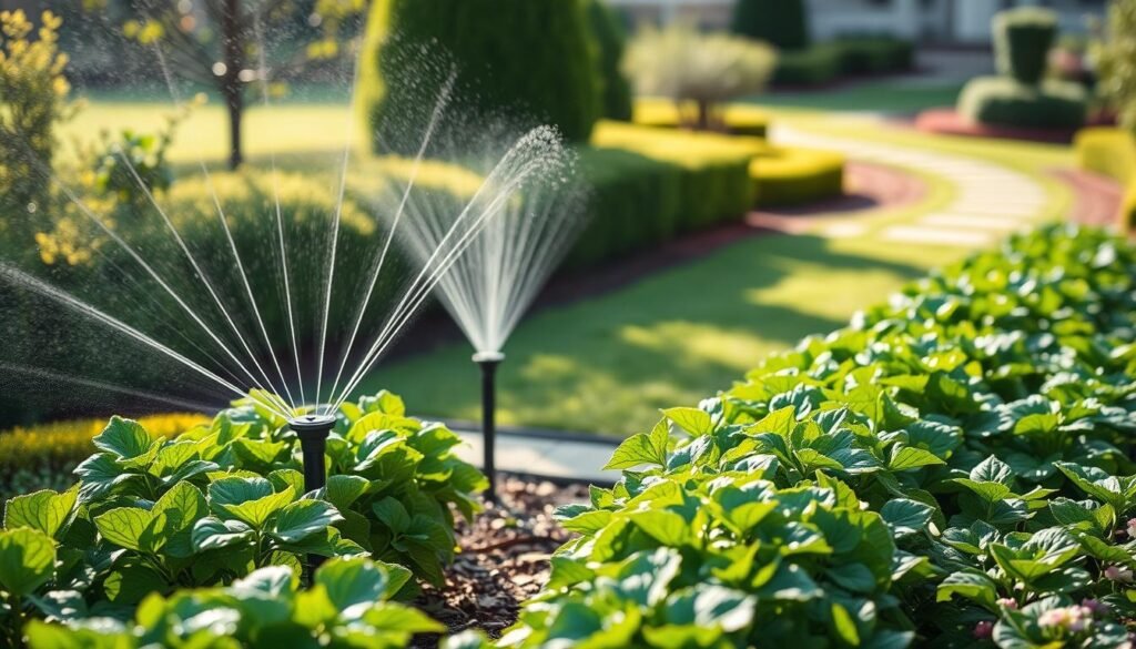 An elegant outdoor garden with a well-designed irrigation system. In the foreground, a rows of lush, verdant plants and flowers, their leaves glistening with water droplets. In the middle ground, a sleek, modern sprinkler system emerges from the ground, its nozzles precisely angled to deliver water evenly across the beds. The background depicts a serene, sun-dappled path winding through the garden, flanked by carefully placed shrubs and trees. The overall scene conveys a sense of harmony, efficiency, and a deep appreciation for the natural world. Lit by soft, natural lighting, the image captures the essence of a thoughtfully planned and maintained garden irrigation system.