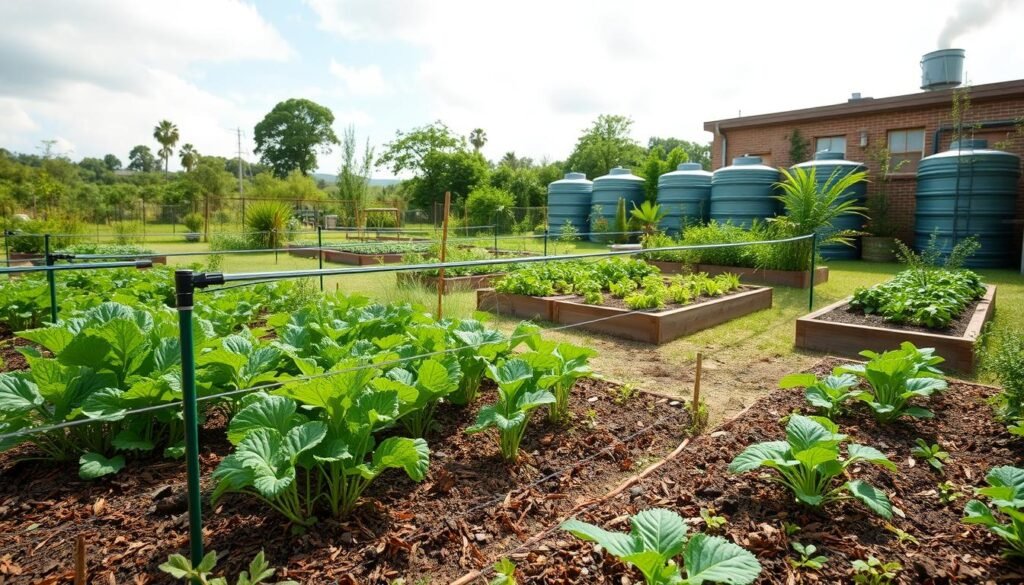 An expansive garden scene with a focus on water-saving irrigation techniques. In the foreground, a lush vegetable patch thrives under a precisely calibrated drip irrigation system, delivering water directly to the roots of each plant. The middle ground showcases a series of raised garden beds, their soil enriched with organic mulch to retain moisture. In the background, a cleverly designed rainwater harvesting system collects precipitation from the rooftop, its storage tanks discreetly blending into the verdant landscape. Soft, diffused natural lighting filters through wispy clouds, casting a serene, sustainable atmosphere over the entire scene.