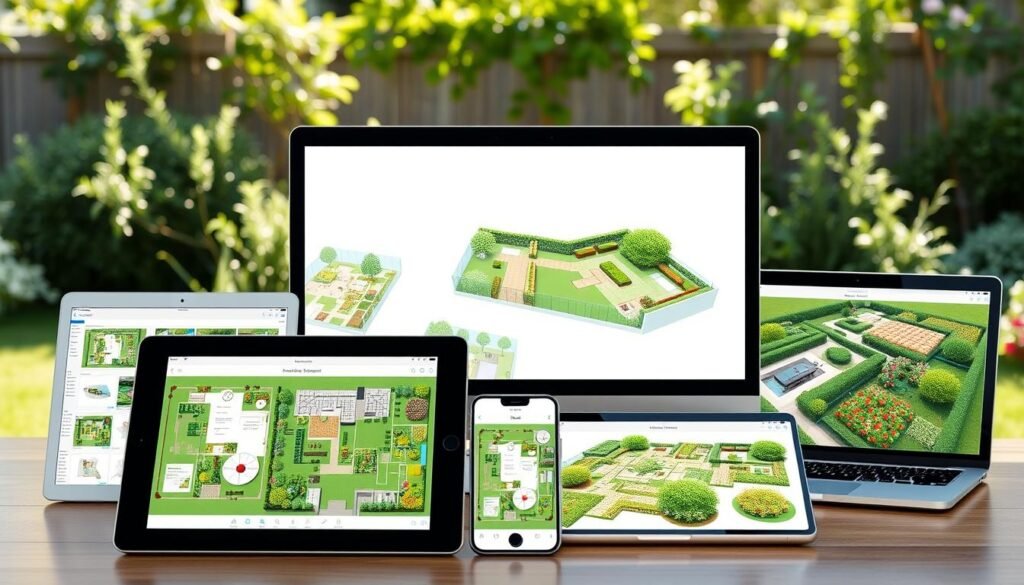 Detailed comparison of different garden planning software, showcased in a sleek, minimalist composition. In the foreground, a collection of digital devices - tablets, smartphones, laptops - neatly arranged, each displaying different garden layout interfaces. The middle ground features simplified 3D renderings of lush, meticulously planned gardens, highlighting the capabilities of the software. The background is a serene, sun-dappled outdoor setting, subtly emphasizing the real-world application of these digital tools. The overall scene conveys a sense of efficiency, practicality, and the seamless integration of technology with nature.