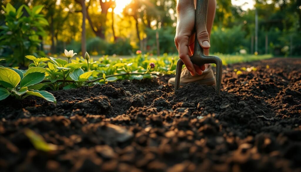 Lush garden scene featuring soil cultivation in the foreground. Closeup view of a person's hands tilling the earth with a garden fork, exposing dark, fertile soil. Layers of green vegetation in the mid-ground, including leafy plants and budding flowers. Hazy, golden sunlight filters through the trees in the background, casting a warm, natural glow. Serene, rural atmosphere with a sense of rejuvenation and growth. Shallow depth of field emphasizes the manual task of soil preparation. Clean, uncluttered composition focused on the essential steps of garden bed preparation.
