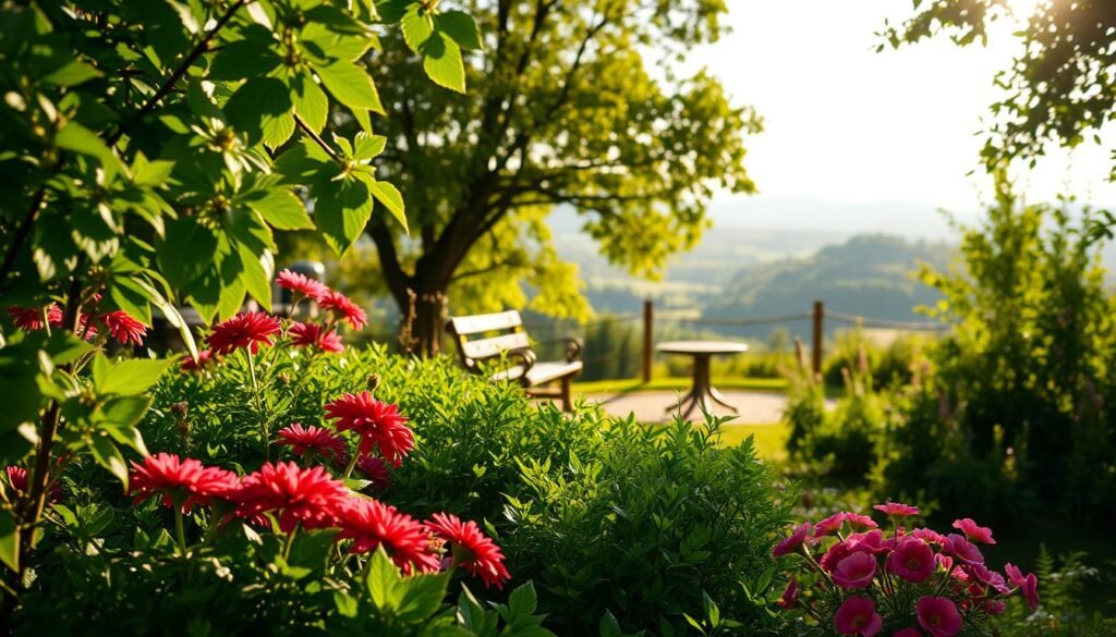 Lush green garden with vibrant flowerbeds and verdant foliage in the foreground. In the middle ground, a peaceful sitting area with rustic wooden benches and a small table, bathed in soft, warm sunlight filtering through the trees. The background features a picturesque landscape, perhaps rolling hills or a distant forest, creating a serene and inviting atmosphere. The composition is balanced, with a sense of depth and harmony, encouraging the viewer to envision themselves immersed in this idyllic outdoor space, brimming with inspiration for gardening ideas.