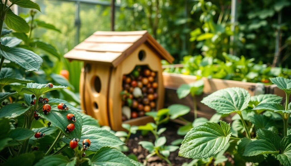 Lush, verdant garden scene showcasing natural pest control methods. In the foreground, ladybugs and lacewings crawling on plant leaves, organically managing aphids and other garden pests. Midground features a handcrafted insect hotel, home to beneficial insects. In the background, a raised vegetable bed with thriving, chemical-free produce. Soft, diffused natural lighting filters through the foliage, creating a tranquil, biodynamic atmosphere. The composition emphasizes harmony between plants, insects, and a sustainable, eco-friendly approach to gardening.