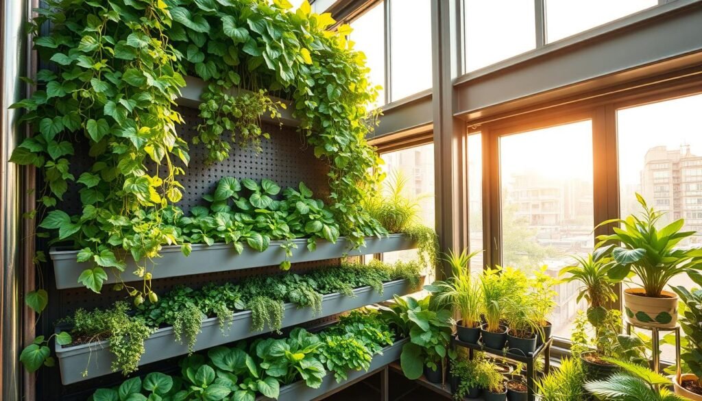 Lush vertical garden in a sun-dappled urban oasis. Cascading vines and leafy greens spilling over neatly arranged modular planters. A tiered layout with ample spacing for easy maintenance, showcasing a variety of vibrant vegetables and herbs thriving under the warm glow of natural light filtering through large windows. Sturdy metal frames provide structural support, allowing the verdant display to take center stage. The tranquil scene exudes a sense of peaceful productivity, inspiring urban dwellers to cultivate their own small-space sanctuaries.