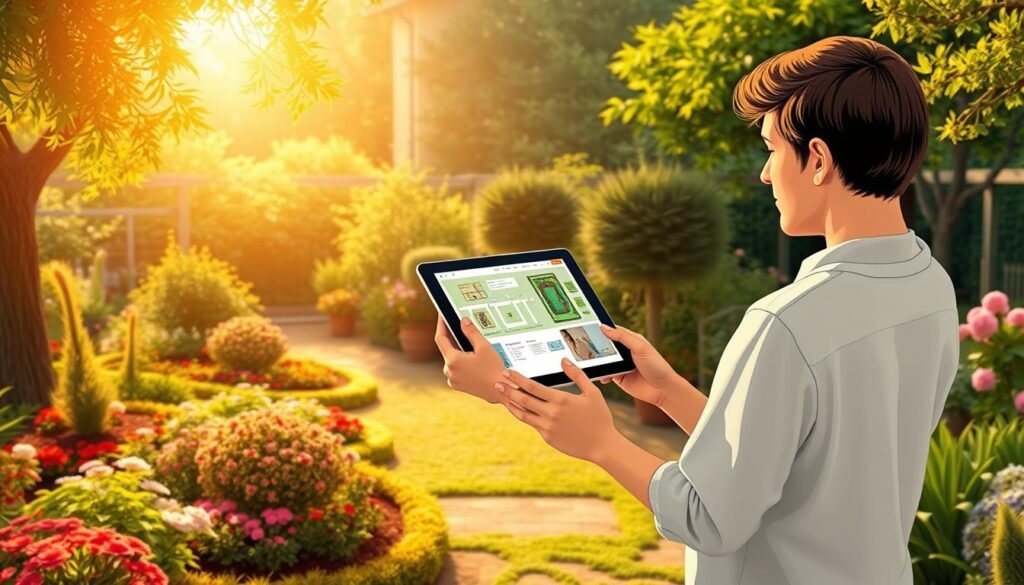 Step-by-step garden planner illustrated in a detailed, realistic style. A person standing in a lush garden, using a digital tablet to plan out garden beds, paths, and plantings. Warm, natural lighting illuminates the scene, casting soft shadows. The background shows a beautifully landscaped garden with mature trees, flowers, and carefully curated greenery. The person's pose and expression convey focus and thoughtfulness as they navigate the garden planning software. The overall atmosphere is one of serenity, productivity, and a love for gardening. Step-by-step garden planner illustrated in a detailed, realistic style. A person standing in a lush garden, using a digital tablet to plan out garden beds, paths, and plantings. Warm, natural lighting illuminates the scene, casting soft shadows. The background shows a beautifully landscaped garden with mature trees, flowers, and carefully curated greenery. The person's pose and expression convey focus and thoughtfulness as they navigate the garden planning software. The overall atmosphere is one of serenity, productivity, and a love for gardening.