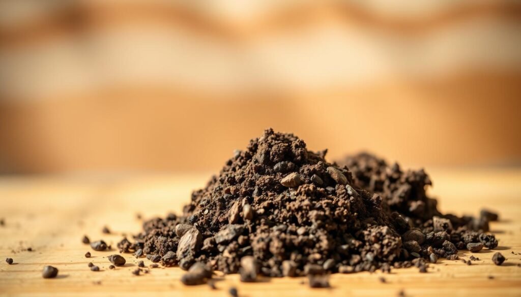 a well-composed macro photograph of several handfuls of rich, dark organic compost or humus soil, full of beneficial microorganisms and nutrients, sitting on a wooden surface in a bright, natural-lit studio setting, shot with a high-quality DSLR camera and a shallow depth of field to emphasize the texture and details of the soil, conveying a sense of nourishment and vitality for healthy plant growth
